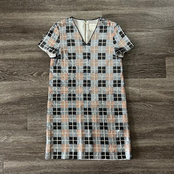 NWOT Kate Spade Sequin Plaid Shift Dress Pumice 4 V Neck Short Sleeve Party Mini - Picture 2 of 16